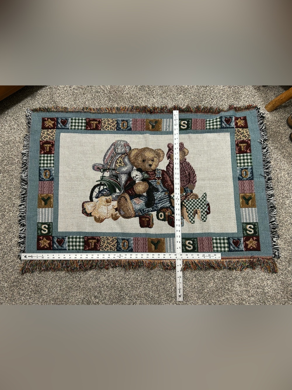 Vintage Blue Jean Teddy Bear Woven Throw Blanket - Picture 2 of 4